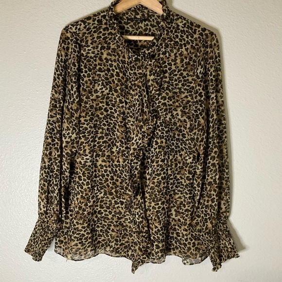 Tahari Leopard Blouse Womens Large Bell Sleeve Ruffle Front Gathered Cuff - Picture 1 of 8